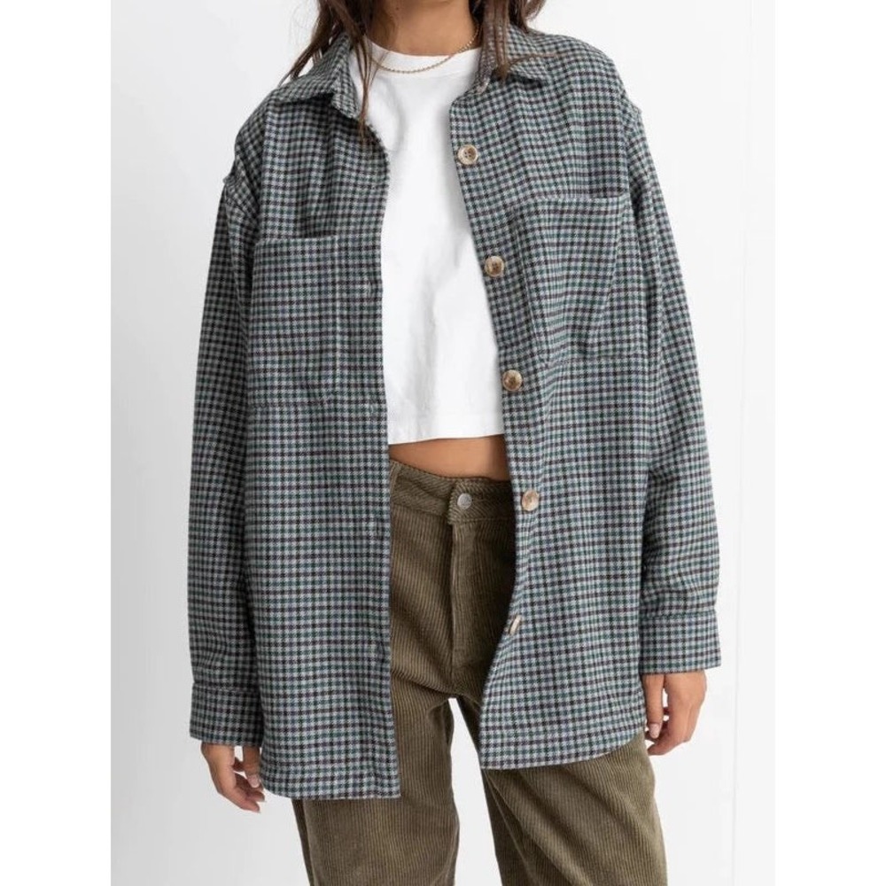 Rhythm Evergreen Shacket Green Black‎ Houndstooth Plaid Oversized Shirt Jacket L